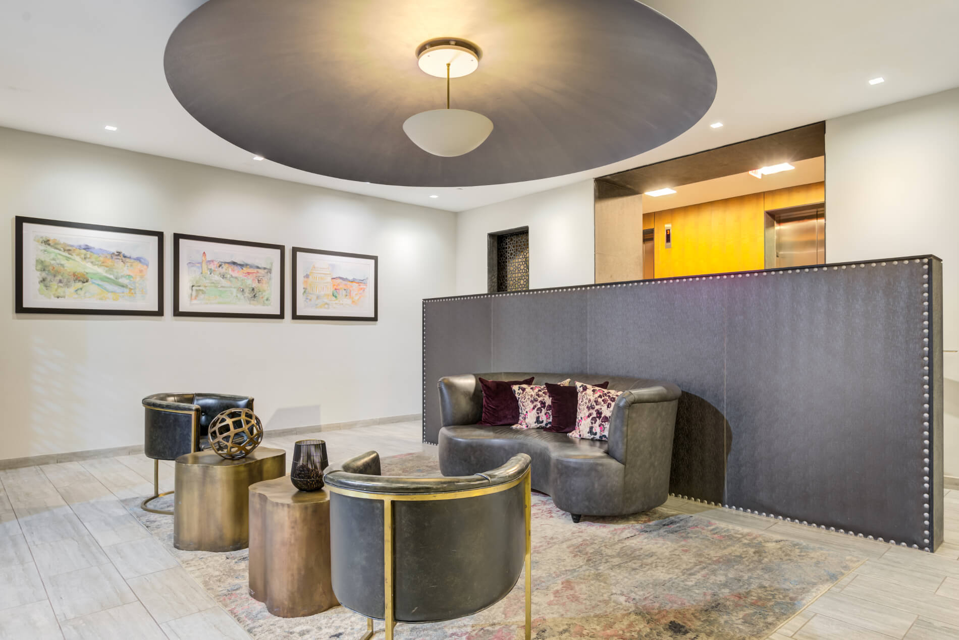 Lobby with furnishings in dramatic geometric and organic shapes